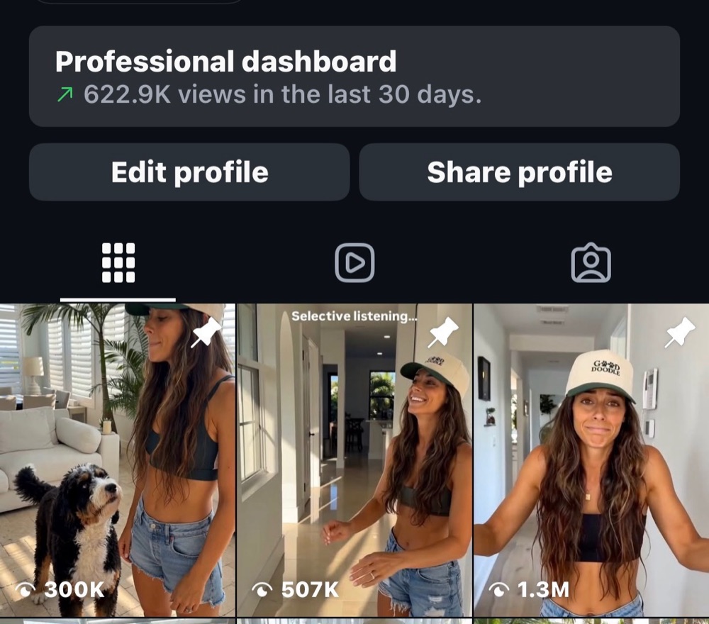 Real analytics dashboard showing 622.9K views in the last 30 days, with individual posts at 300K, 507K and 1.3M views